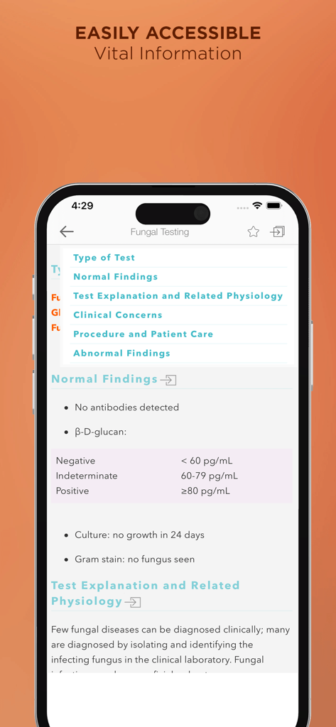Mosby’s Diag and Lab Test Ref - Mosby app screenshot showing fungal testing clinical data and normal findings