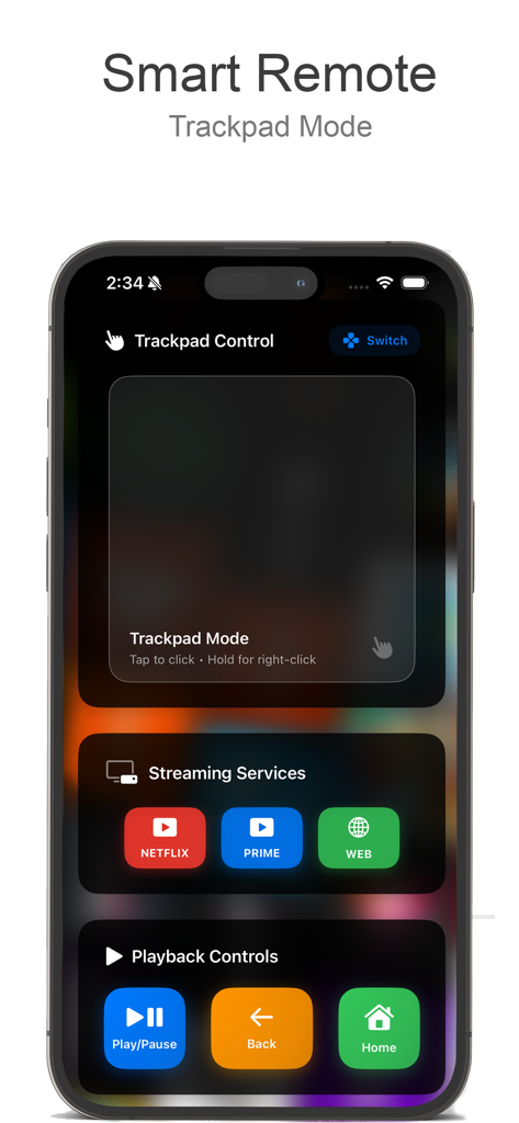 Smartphone screen displaying AllShare Cast smart remote with trackpad and playback controls.