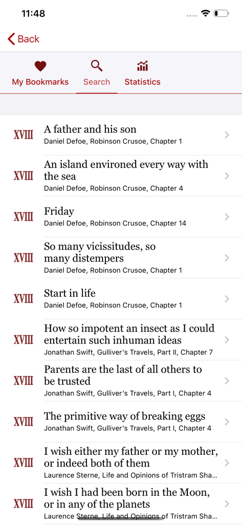 Un elenco di estratti di letteratura classica inglese da autori come Daniel Defoe e Jonathan Swift visualizzati nella schermata di ricerca dell'app A Text A Day.