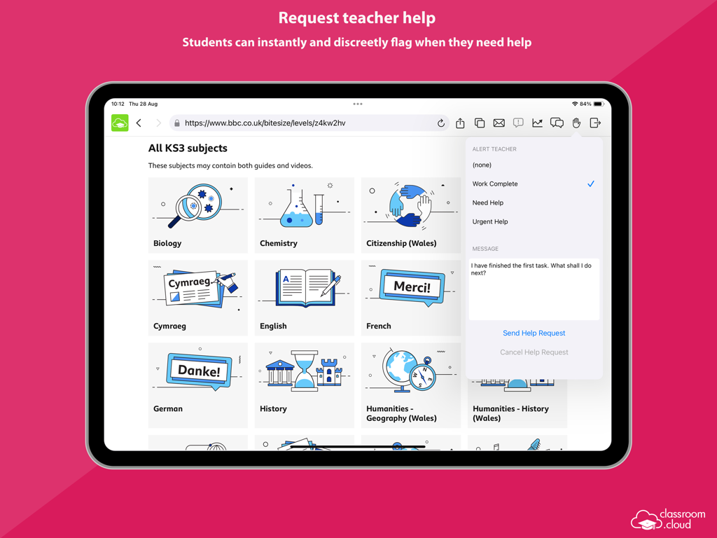 classroom.cloud Student - iPad interface of classroom.cloud Student app showing a student sending a discreet help request to their teacher while browsing educational content.