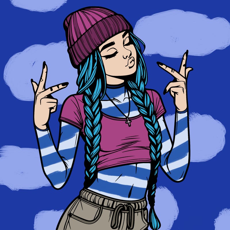 realistic teenage girl with braids and a beanie and crop top doing 🫶🏼