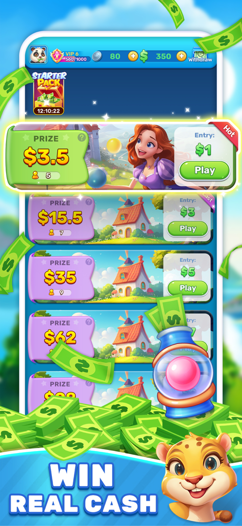 Bubble Glint game screen displaying various cash prize tournaments and entry fees.