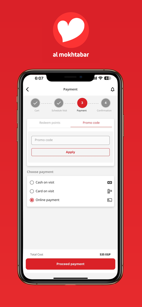 AlMokhtabar - المختبر - AlMokhtabar app payment screen showing promo code entry and payment options for medical lab services