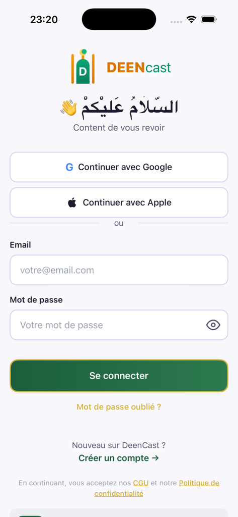DeenCast - Login screen of the DeenCast app showing email and social sign-in options for users