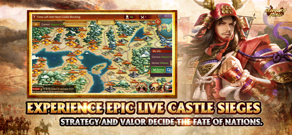 Sengoku Fubu game screen displaying a strategic map of Japan with castles under siege and a samurai lord