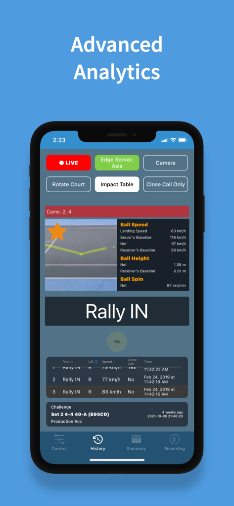 eyes3: AI LineCall and VAR - Mobile interface of eyes3 app displaying advanced tennis analytics such as ball speed and spin data