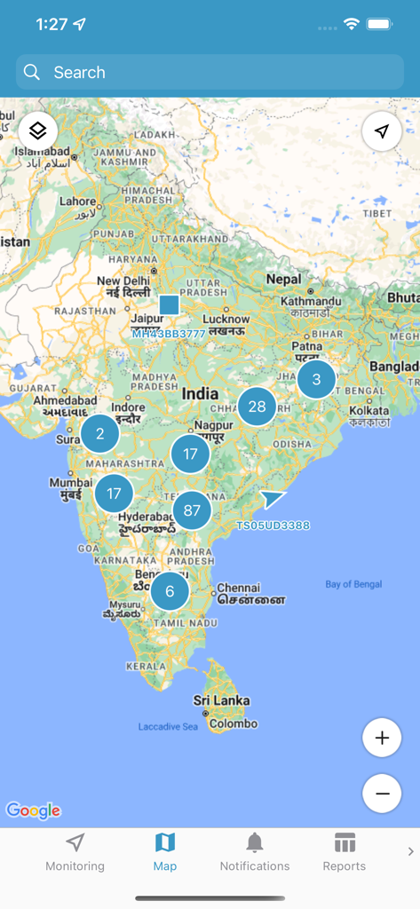 TGG Tracking - TGG Tracking app map interface displaying real time vehicle fleet locations and clusters
