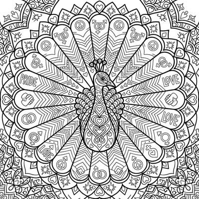 Immerse yourself in a stunning Peacock Mandala coloring page, a beautiful tribute to Pride Month. This intricate design weaves together the elegance of a peacock with powerful symbols of love, diversity, and community.