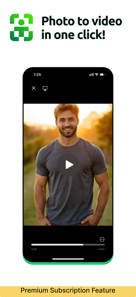 Pose AI: Photo & Video Studio - Pose AI app interface showing the one-click photo to video generation feature featuring a smiling man.