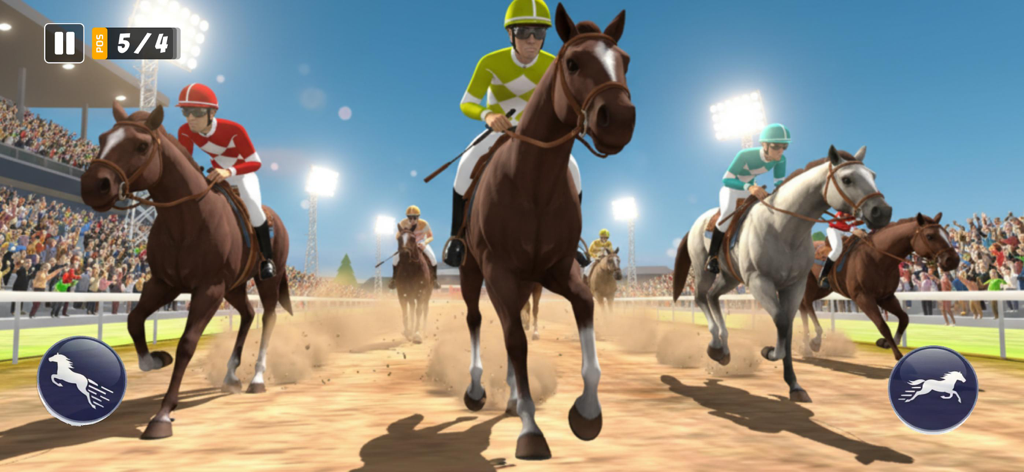 Palio Horse Racing Horse Games - Escena competitiva de carreras de caballos 3D con jockeys en una pista de tierra dentro de un estadio lleno de gente