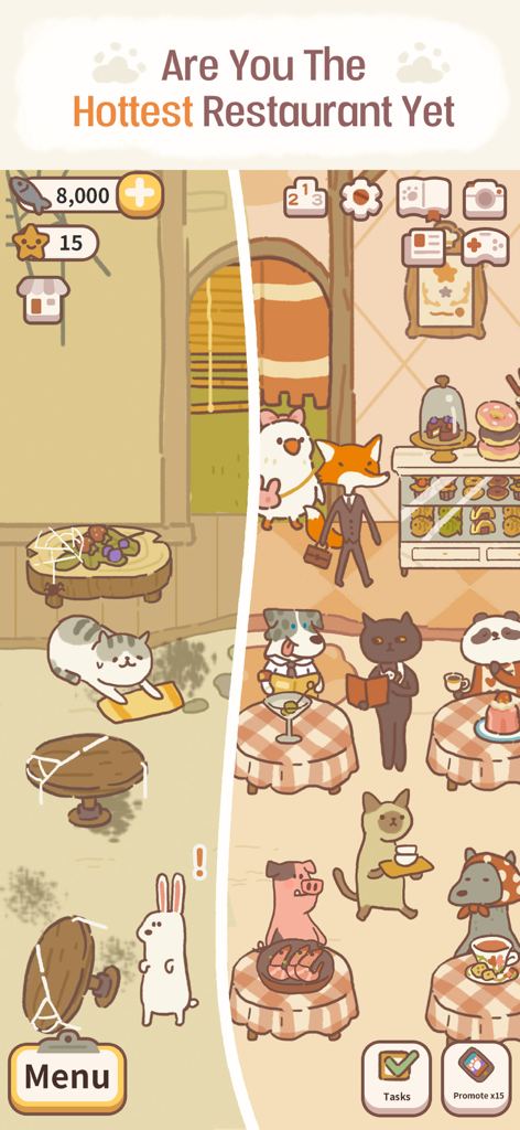 animal restaurant - Un confronto prima e dopo che mostra un ristorante disordinato trasformato in un caffè affollato pieno di simpatici clienti animali.