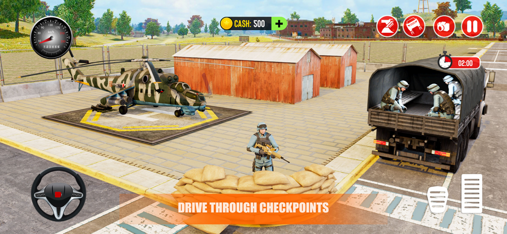 Gameplay of US army truck driving simulator at a military base checkpoint.