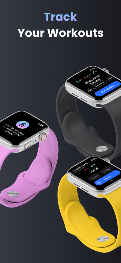 Three Apple Watches with colorful bands displaying the Fitonist gym workout tracking interface
