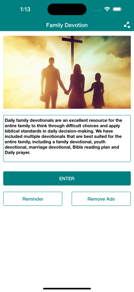 Family Devotional - Silhouette of a family standing before a cross on the Family Devotional app welcome screen.