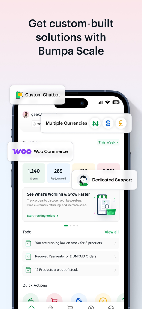 Bumpa - Manage Orders Easily - Bumpa Scale mobiles Dashboard mit Premium-Geschäftsfunktionen wie benutzerdefiniertem Chatbot, mehreren Währungen und WooCommerce-Integration.
