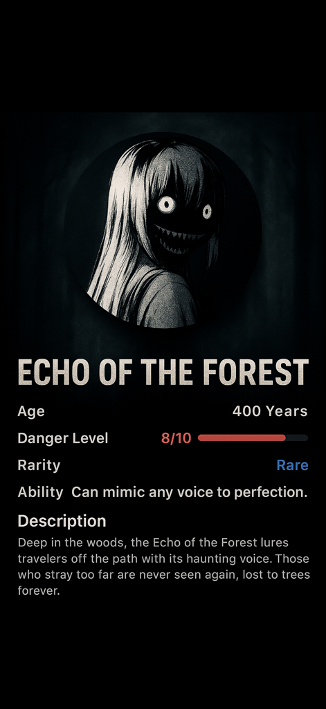 Ghost Detector Camera + Rader - In-app profile for the Echo of the Forest ghost showing its stats and creepy illustration.