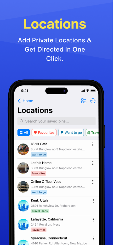 Photo Vault & App Lock Safedoc - Interfaz de la aplicación SafeDoc que muestra una lista de ubicaciones privadas guardadas y pines de viaje