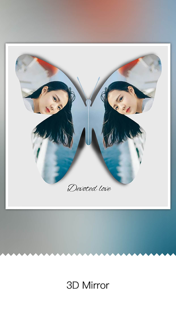 Mirror Pic Collage HD -  Insta Mag and Photo Mirror Collage Photo Editor - 3Dミラーエフェクトを使用した蝶のシルエット内の女性のミラーリングされたポートレートを示す芸術的な写真編集