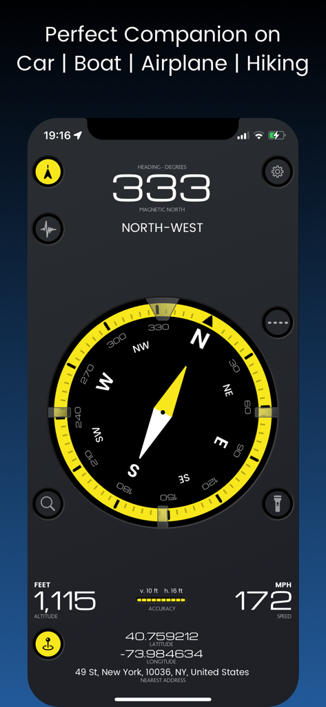 Interface of iTools app showing compass altitude speed and GPS coordinates