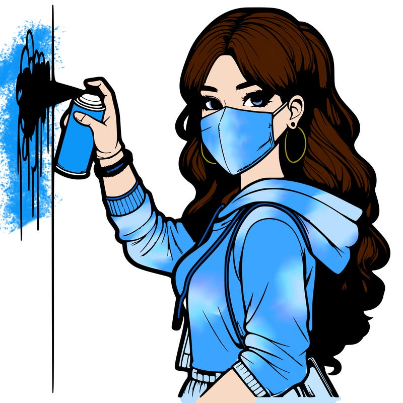 realistic girl with mask spray painting a wall