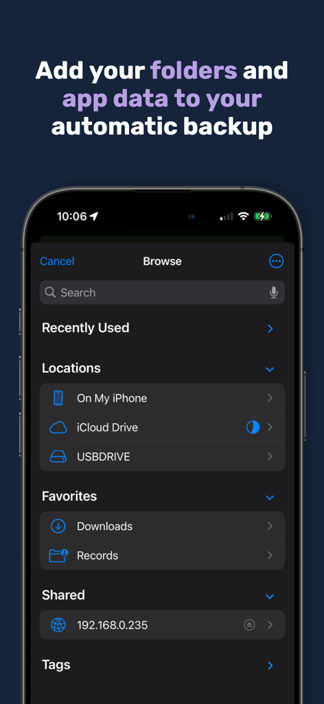 Parachute Backup Mobile - Ein Screenshot der Parachute-App, der verschiedene Speicherorte wie iCloud und USB-Laufwerke für das Backup anzeigt