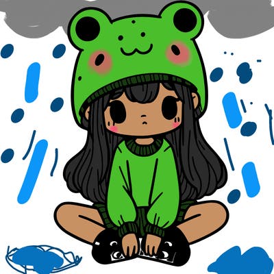 a girl wearing a frog hat and some frog socks