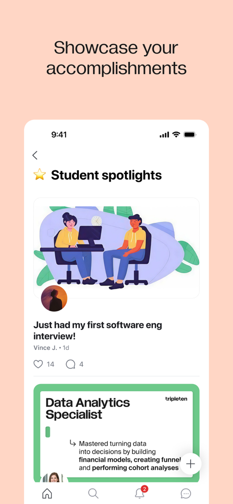 TripleTen Hub - Aplicación TripleTen Hub que muestra la sección de reflectores de estudiantes donde los usuarios comparten logros profesionales como entrevistas de ingeniería de software.