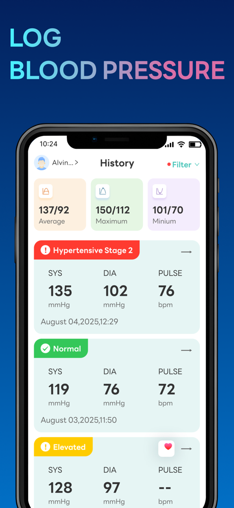 Mobile app screen showing a history of blood pressure logs with stages and pulse readings