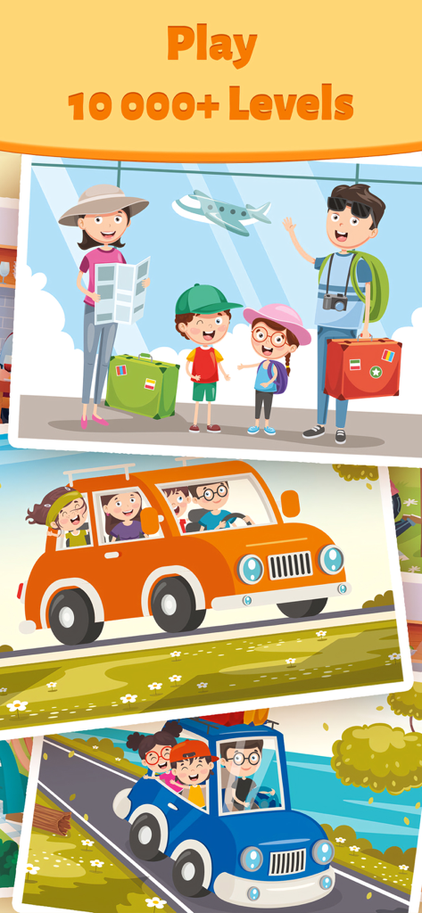 Differences Online—Find Games - Cartoon family travel illustrations from the Differences Online game with text highlighting over ten thousand levels.