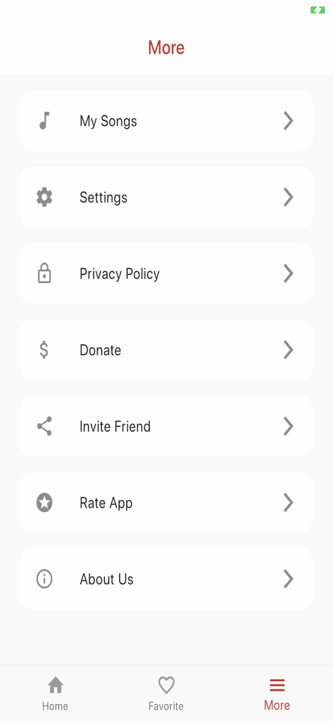 Sacred Songs and Solos - The More screen of the Sacred Songs and Solos app displaying settings and other options