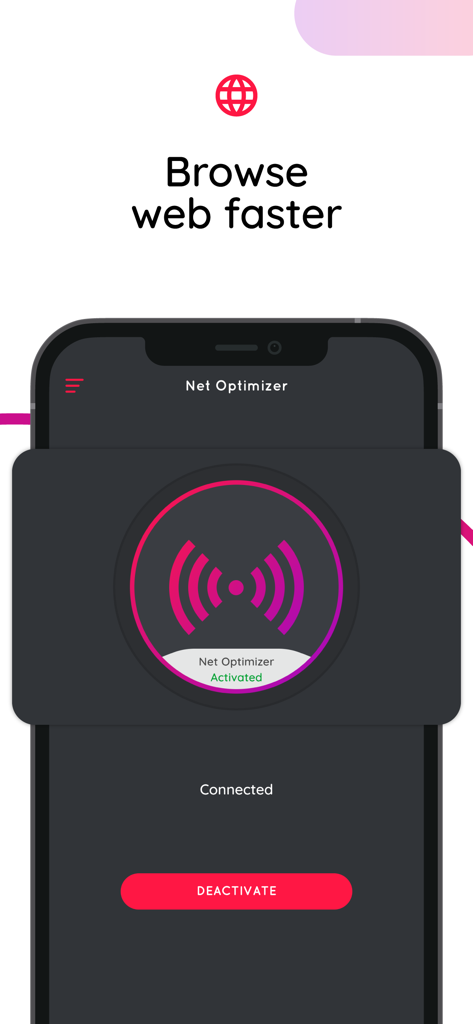Net Optimizer : Optimize Ping - Interfaz de la aplicación Net Optimizer que muestra una conexión activada para navegar por la web más rápido