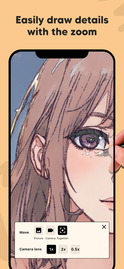 Smartphone screen showing AR Draw app with a zoomed-in anime sketch and camera lens controls