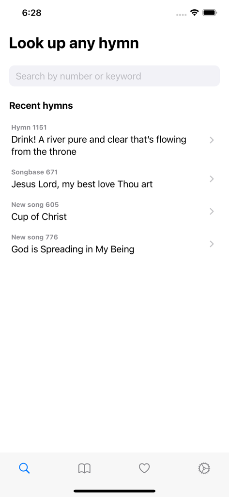 Hymns Mobile - Search interface of the Hymns Mobile app showing a lookup bar and a list of recently viewed hymns