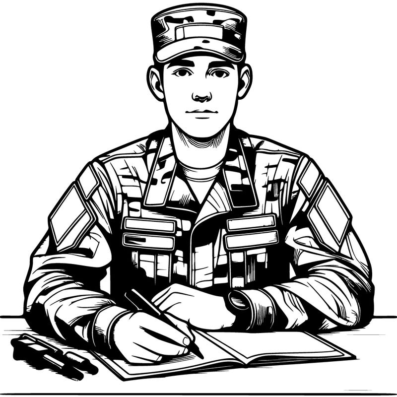 army man sitting at desk realistic