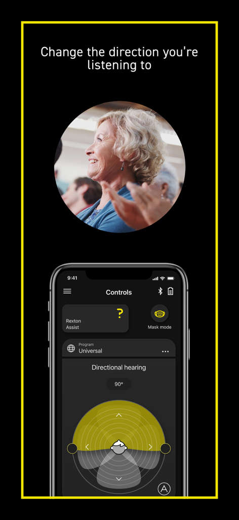 Rexton App - Smartphone screen showing directional hearing settings in the Rexton app with a photo of a smiling senior woman in a social setting