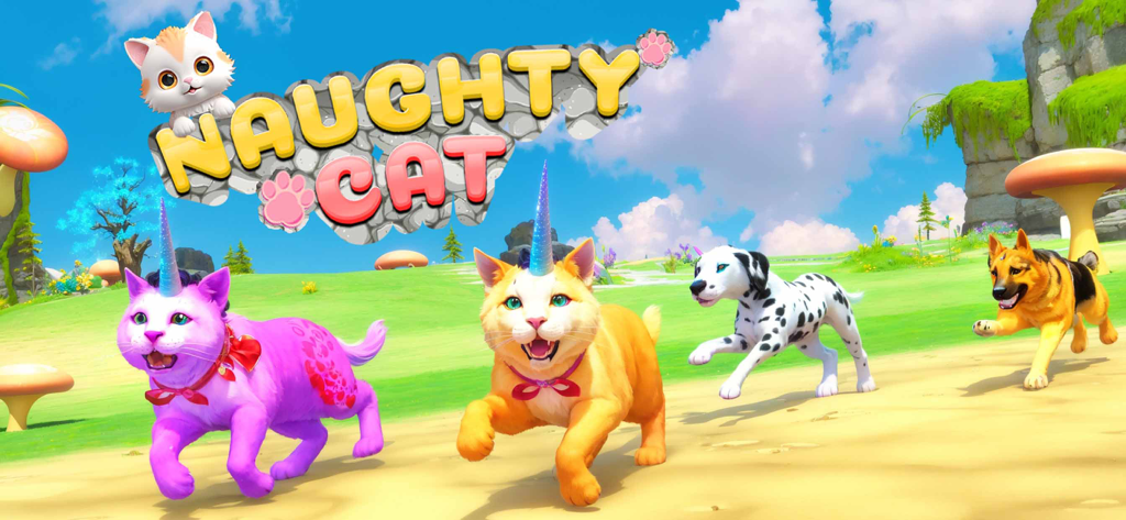 My Pet Cat Life Simulator Game - Two cats with unicorn horns and two dogs running through a colorful 3D fantasy landscape with giant mushrooms