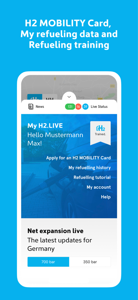H2.LIVE - H2.LIVE App-Oberfläche mit Benutzerkontodetails, einschließlich Betankungshistorie und Wasserstofftankstellen-Updates