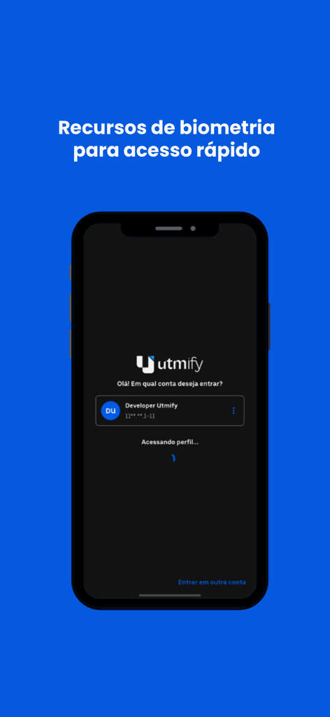 Utmify - Pantalla de inicio de sesión de la aplicación Utmify con seguridad biométrica para un acceso rápido y seguro a los paneles de marketing.