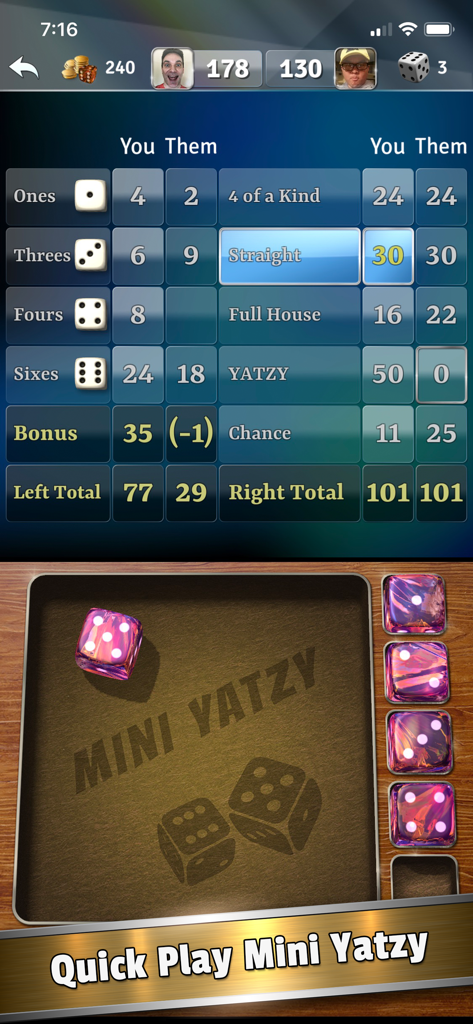 Scoreboard and 3D purple dice in Mini Yatzy gameplay mode
