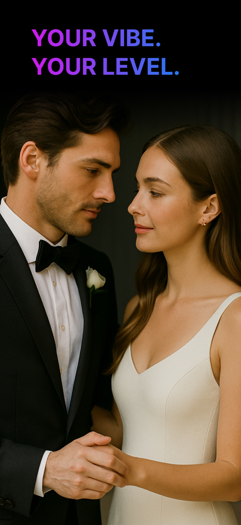 SoulMatcher: Premium Dating - An elegant couple in formal attire looking at each other with the text Your Vibe Your Level