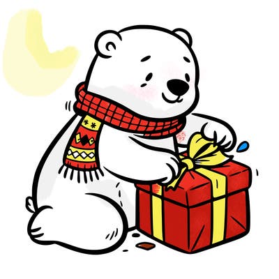 polar bear wrapping a present