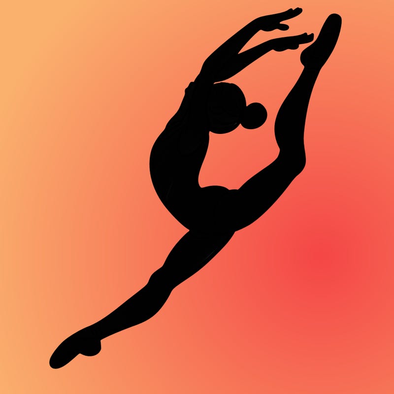 gymnast doing a leap in a leotard with a bent back leg