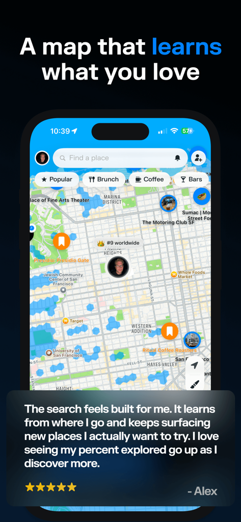 Interface de l'application Superlocal montrant une carte personnalisée avec des lieux découverts et un avis d'utilisateur