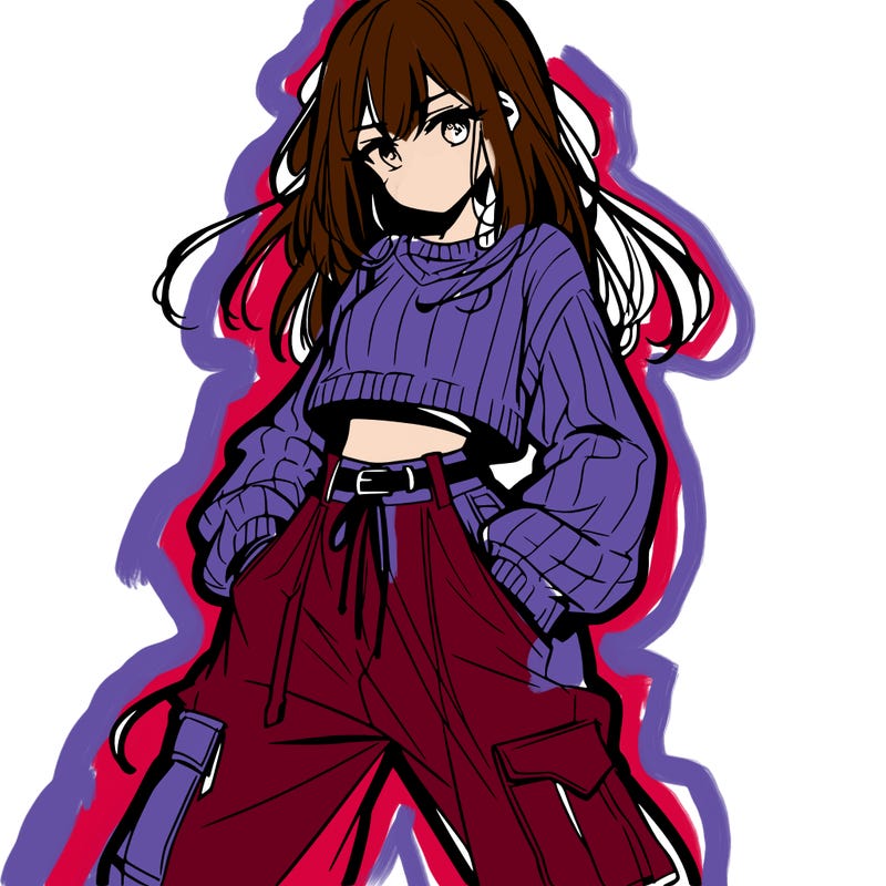 anime teen girl with baggy pants and crop top with sweater