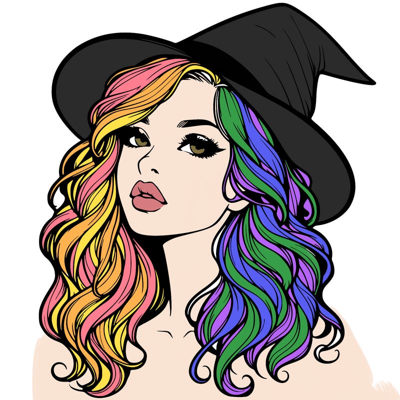 realistic witch girl with wavy hair and lips