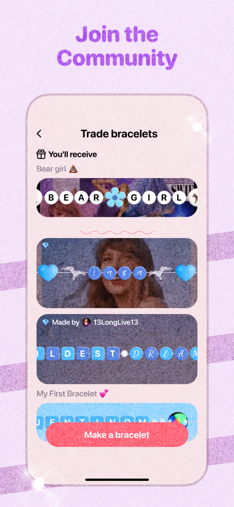Interface do aplicativo Friendship Bracelets mostrando designs de pulseiras digitais disponíveis para troca