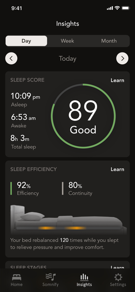 Bryte Balance - Bryte Balance app sleep insights dashboard showing a sleep score of 89 and daily sleep data