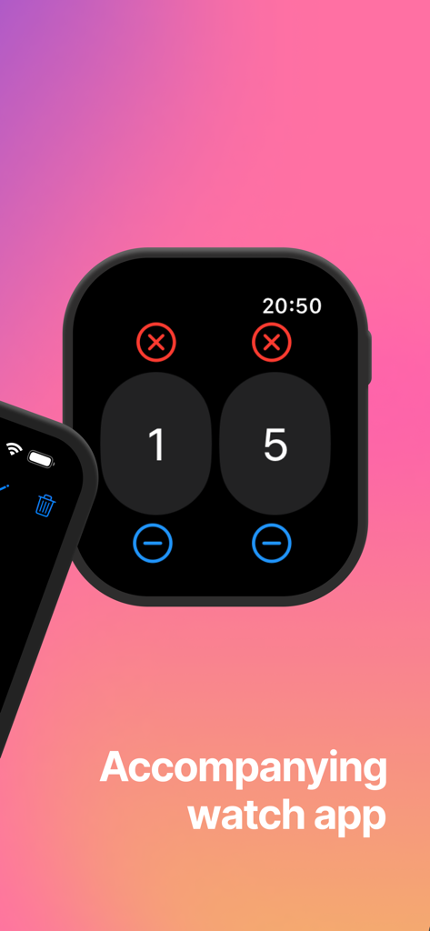 Interfaz de la aplicación Easy Row Counter en un Apple Watch que muestra contadores duales para filas de tejido.