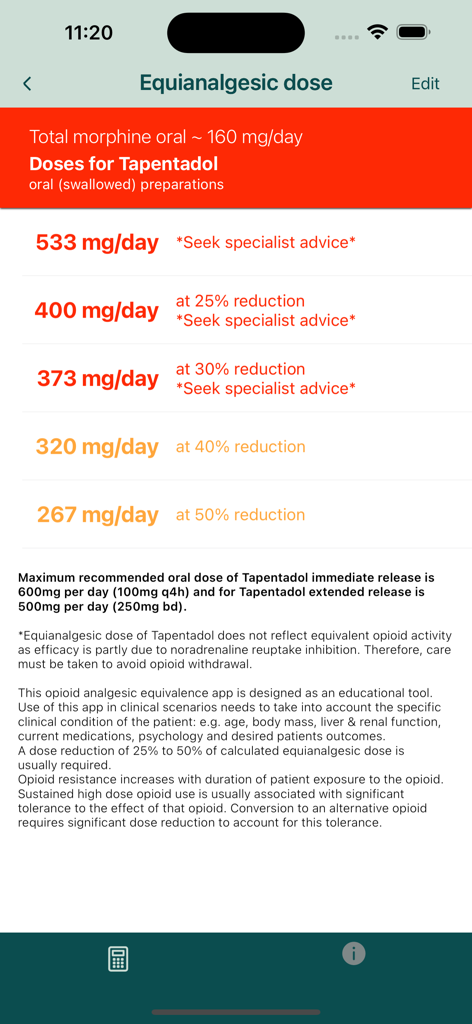 Equianalgesic dose screen in the Opioid Calculator app showing tapentadol dosage conversions and reduction percentages