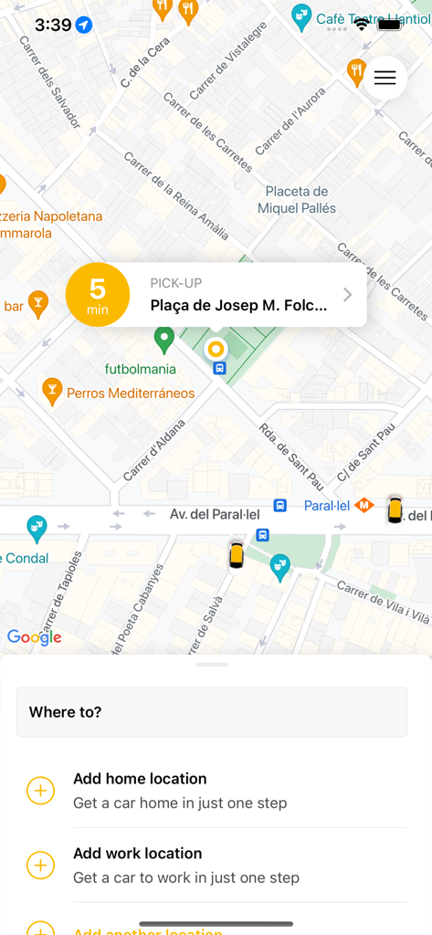 elTaxi TSP - Interfaccia dell'app elTaxi TSP che mostra una mappa di Barcellona con un punto di prelievo e icone di taxi